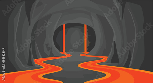 A stylized cave with a winding river of molten lava flowing through it