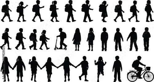 School children silhouettes collection, kids walking with backpacks, standing, cycling and holding hands, isolated black vector illustration set