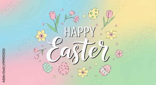 Happy easter greeting card with colorful flowers and eggs on pastel background for spring celebration