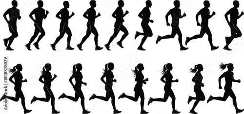 Running people silhouettes set, men and women jogging action sequence black vector illustration isolated on white