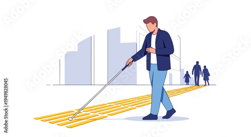 Person with cane navigates tactile paving in a city with abstract buildings