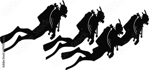 Scuba divers silhouette underwater exploration team, marine adventure diving equipment, ocean rescue training, black vector illustration isolated background flat design