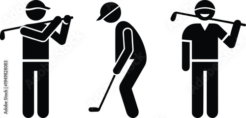 Set of black golf player silhouettes featuring stick figures in swing follow through, putting stance, and carrying a golf club over the shoulder.