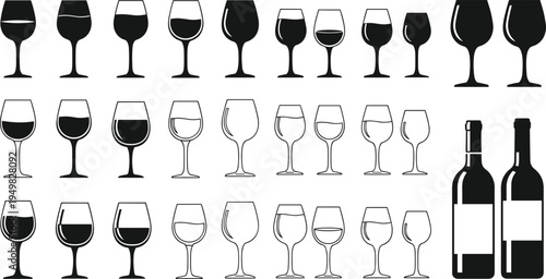 Set of wine glass icons and wine bottles in flat vector style for bar menu party celebration and restaurant design