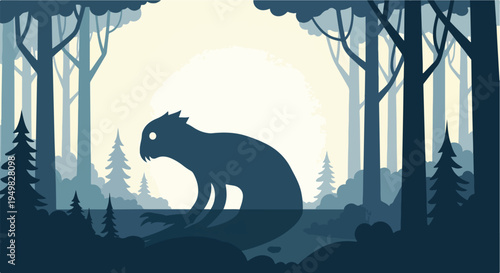 A dark, stylized creature lurks in a foggy, silhouetted forest