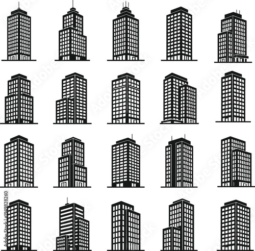 Set of black skyscraper silhouette icons featuring various modern office buildings and apartment towers isolated on white background for urban city skyline architectural design.