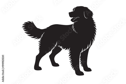 Black silhouette of a dog standing in profile with fur details