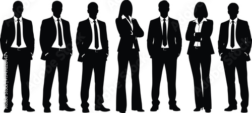 Silhouetted business professionals standing confidently in formal attire, symbolizing teamwork, leadership, diversity, and corporate unity for presentations, branding, marketing, and organizational 