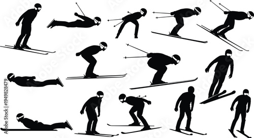 Skiing silhouette set, winter sport athlete poses collection, ski jump and downhill action flat vector isolated background