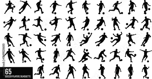 Soccer players silhouette collection, dynamic football action poses set, cad drawing flat vector illustration isolated on white background