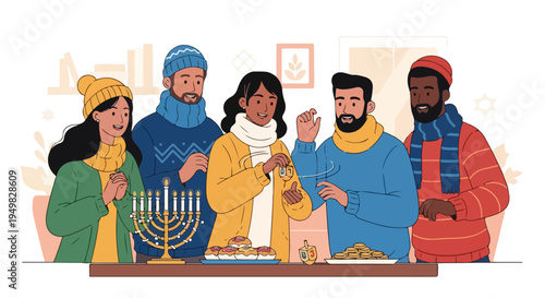 Diverse group celebrates Hanukkah with menorah, dreidel, doughnuts, and gelt