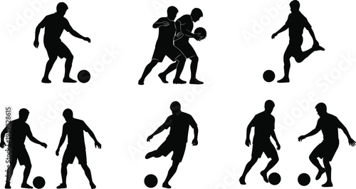 Soccer player silhouettes dribbling tackling kicking set, football action poses black flat vector illustration isolated on white background