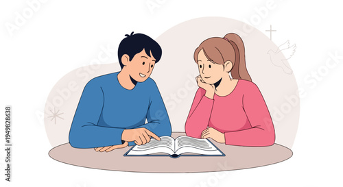 A boy and girl studying together at a table, with symbolic imagery