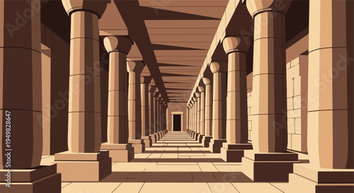 Ancient stone colonnade with a path leading to a distant doorway and dramatic shadows
