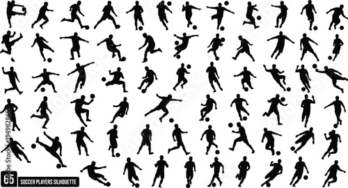Soccer players silhouette mega collection, dynamic football action poses bundle, cad drawing flat vector illustration isolated on white background