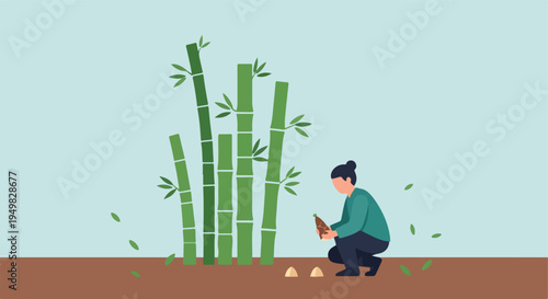 Person harvesting bamboo shoots near a bamboo grove under a pale blue sky