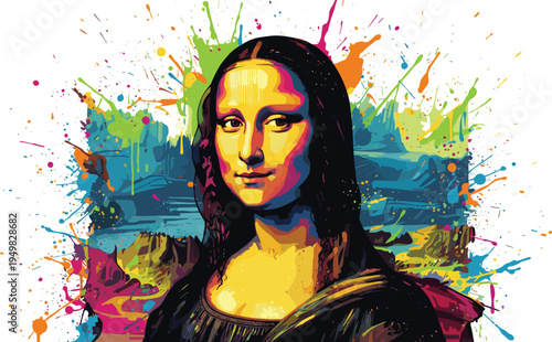 Pop-art reinterpretation of Mona Lisa with bold colors, abstract background, modern artistic expression, vibrant masterpiece transformation