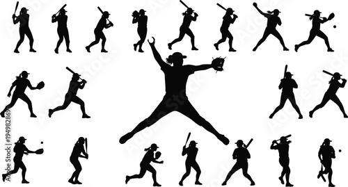 Softball players silhouette collection set, women baseball batting pitching action poses, cad drawing flat vector illustration isolated on white background