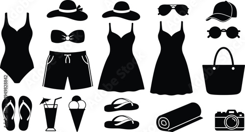 Silhouette icons of beachwear, summer vacation essentials, swimwear, hats, accessories, leisure items, tropical style