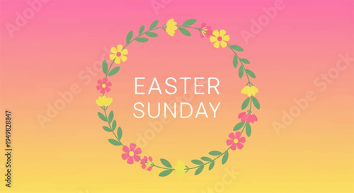 Colorful easter sunday greeting card with floral wreath and pastel background