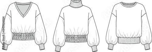 Technical fashion flat sketches of women’s puff sleeve sweatshirts featuring V-neck, turtleneck, and crew neck styles with wide elastic waistbands.