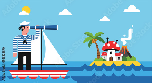 Sailor using telescope spots a whimsical island with mushroom houses and a volcano
