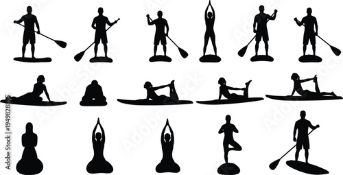 Stand up paddle board and yoga silhouette collection set, fitness water sport poses, cad drawing flat vector illustration isolated on white background