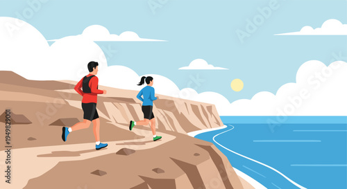 Two runners race along a coastal trail on a bright, cloudy day