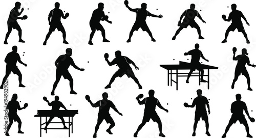 Table tennis player silhouettes set, ping pong action poses, black vector illustration collection isolated on white background