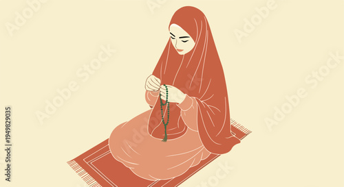 A stylized illustration of a woman in a hijab praying with prayer beads on a rug