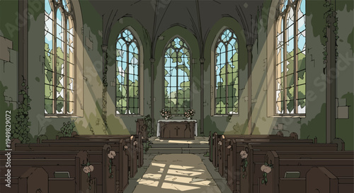 Sunlit sanctuary interior with ornate windows, pews, and altar