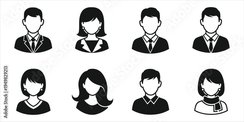 Set of Eight Black and White Business People Icons in Silhouette Keywords: business, people, icons, silhouettes, men, women