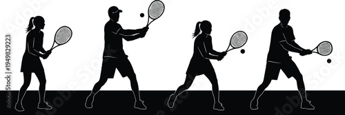 Tennis players silhouettes set, men and women playing racket sport action poses black vector illustration isolated