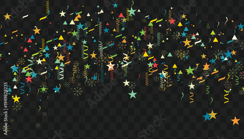 Colorful confetti and party decorations on black background vector graphic design element for celebrations