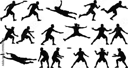 Ultimate frisbee players silhouette collection set, men and women disc action poses, cad drawing flat vector illustration isolated on white background