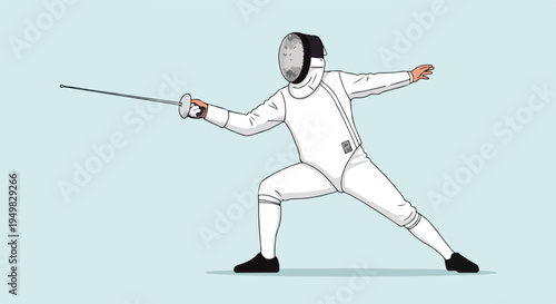 A fencer in protective gear lunges forward with a saber on a plain background