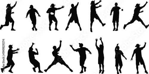 Ultimate frisbee players silhouette collection set, men disc sport action poses bundle, cad drawing flat vector illustration isolated on white background