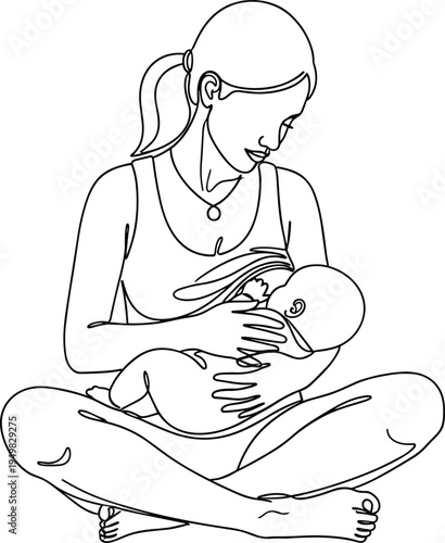 Continuous line art drawing of a mother breastfeeding her baby, minimalist aesthetic, peaceful parenting, maternal love, isolated on white background