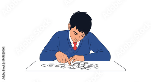 Young person in blue sweater and red tie meticulously assembling puzzle pieces