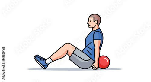 Person sitting with legs extended, using a red ball for exercise