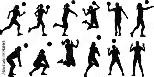 Volleyball players silhouette collection set, women dynamic sport action poses, cad drawing flat vector illustration isolated on white background