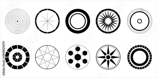 Set Of Ten Circular Geometric Design Elements On White Background vector