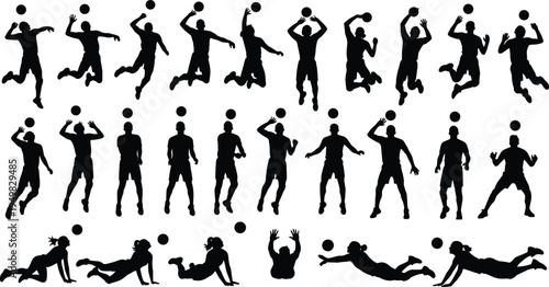 Volleyball players silhouette collection set, men and women spike block action poses, cad drawing flat vector illustration isolated on white background