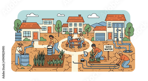A community conserves water with a smart system, helping crops and homes thrive