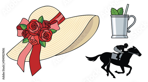 A horse and jockey are shown with a mint julep and hat adorned with roses.