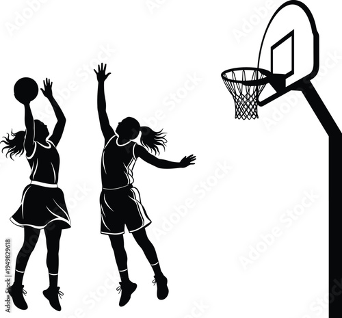 Women basketball players silhouette, female athletes jumping for rebound shot at hoop vector illustration isolated on white background