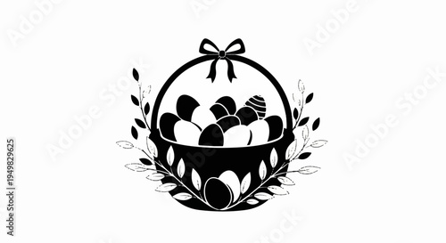 Black and white illustration of easter eggs in basket with bow and leaves decoration