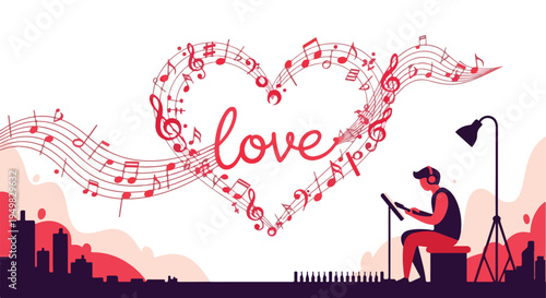 Musician plays music with notes forming a heart shape, city skyline below