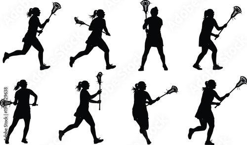Women lacrosse player silhouettes set, female athlete action poses with stick, flat vector illustration isolated on white background