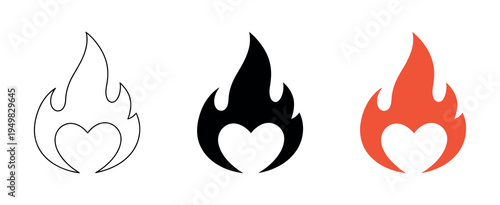 Heart icon with fire illustration set in modern vector style isolated for passion love energy concept